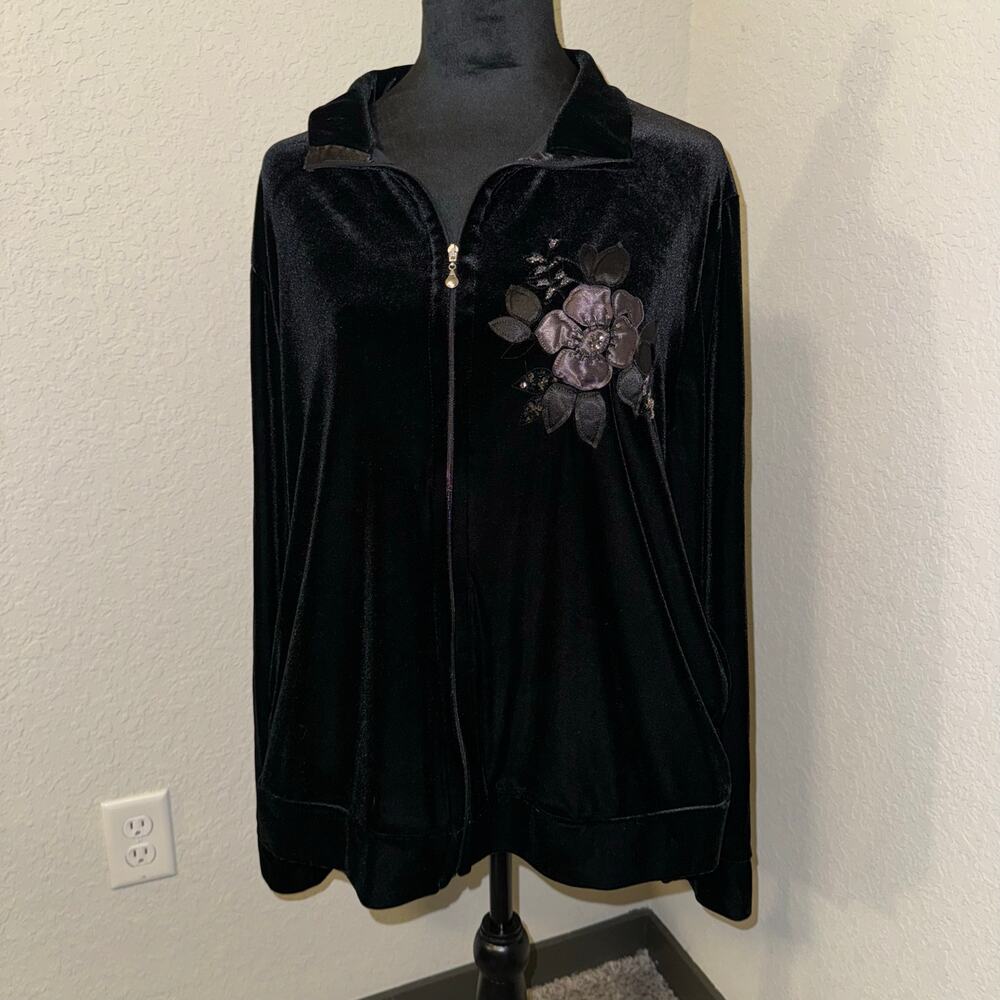 Vintage Jaclyn Smith Black Velvet Track Jacket Full Zip Floral Embroidered XL